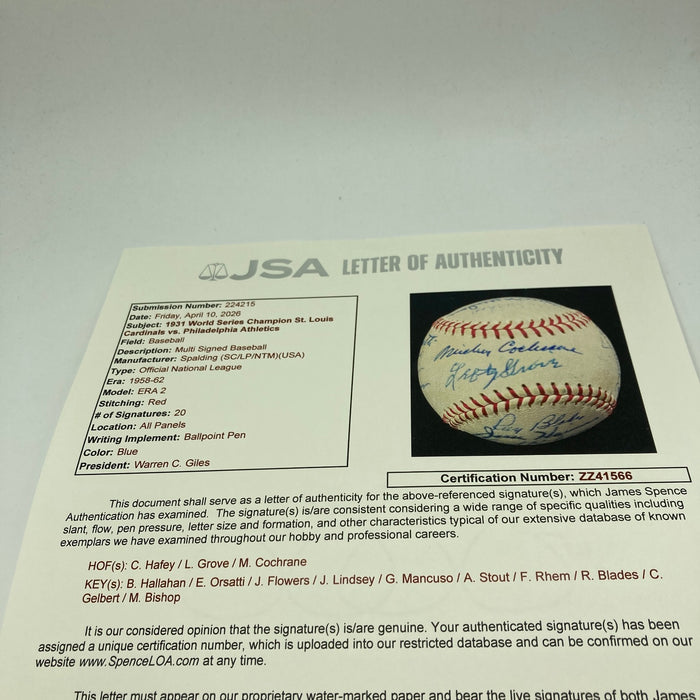 1931 St. Louis Cardinals WS Champs VS Philadelphia A's Team Signed Baseball JSA