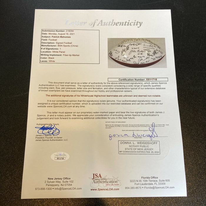 Patrick Mahomes 2013 Whitehouse Wildcats High School Team Signed Football JSA