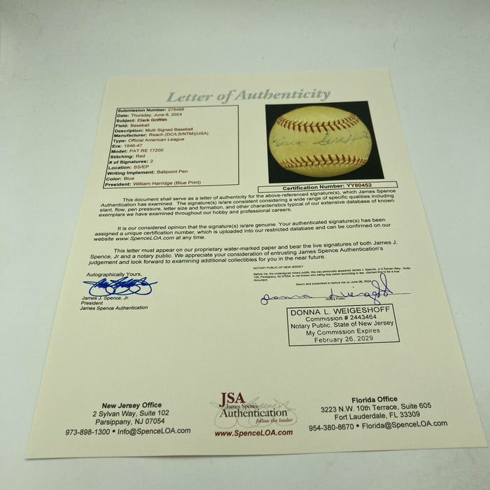 Clark Griffith Signed 1940's American League Harridge Baseball JSA COA