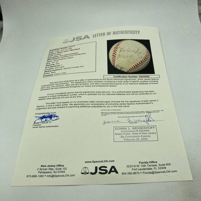 Mickey Owen & Whit Wyatt Signed 1940's NL Frick Baseball JSA Brooklyn Dodgers