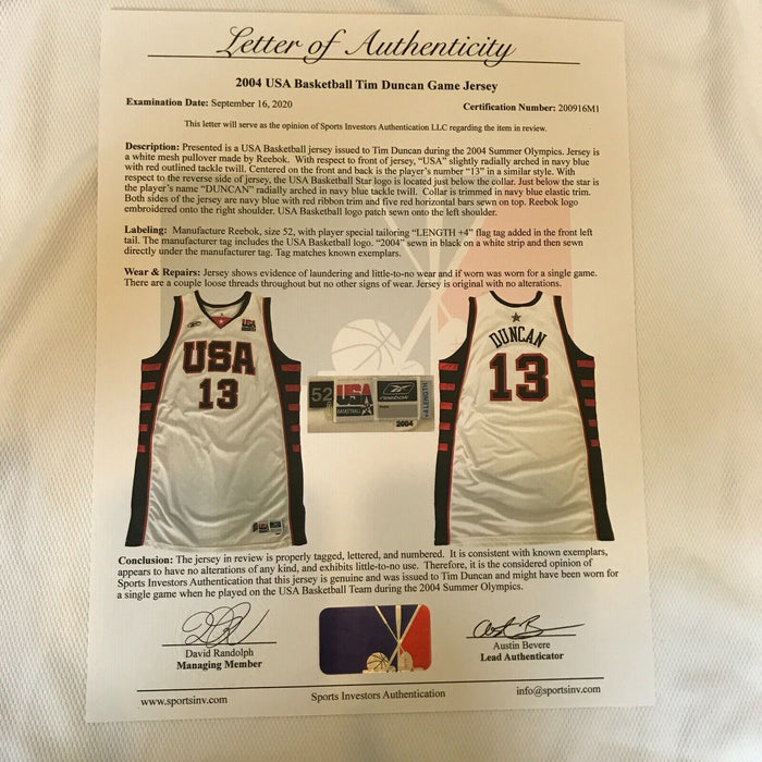 2004 Tim Duncan Game Used Team USA Olympics Jersey With Sports Investors COA