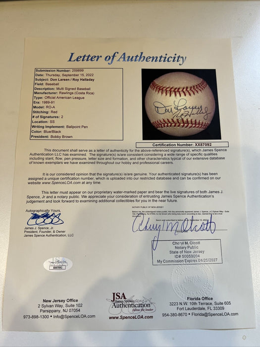 Roy Halladay & Don Larsen Postseason Perfect Game Dual Signed Baseball JSA COA