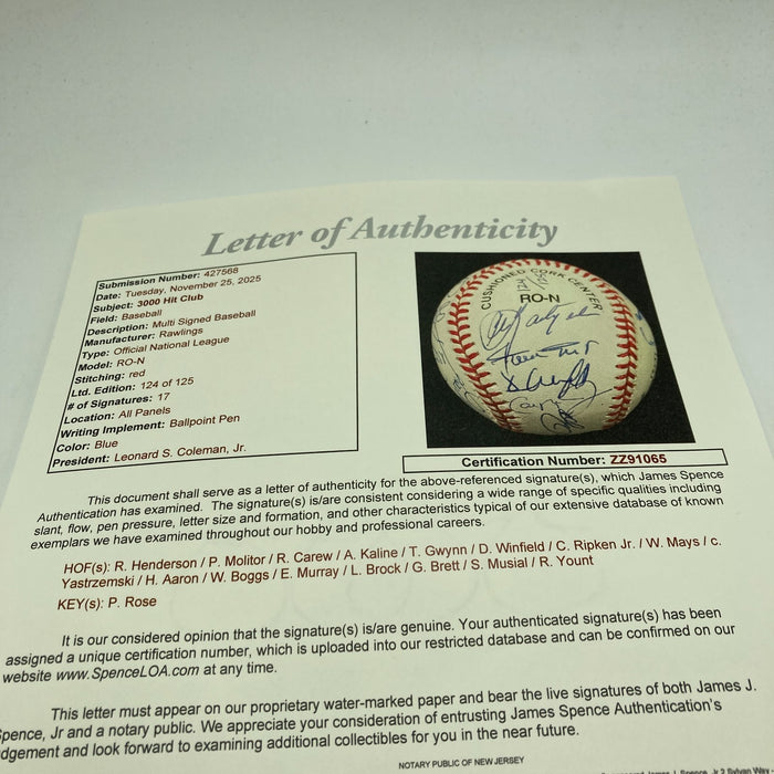 3,000 Hit Club Signed Baseball 17 Sigs Willie Mays Hank Aaron Stan Musial JSA