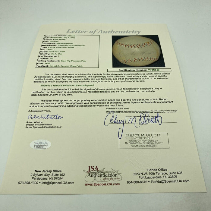 Lefty Grove Playing Days Signed 1929 American League Baseball JSA COA