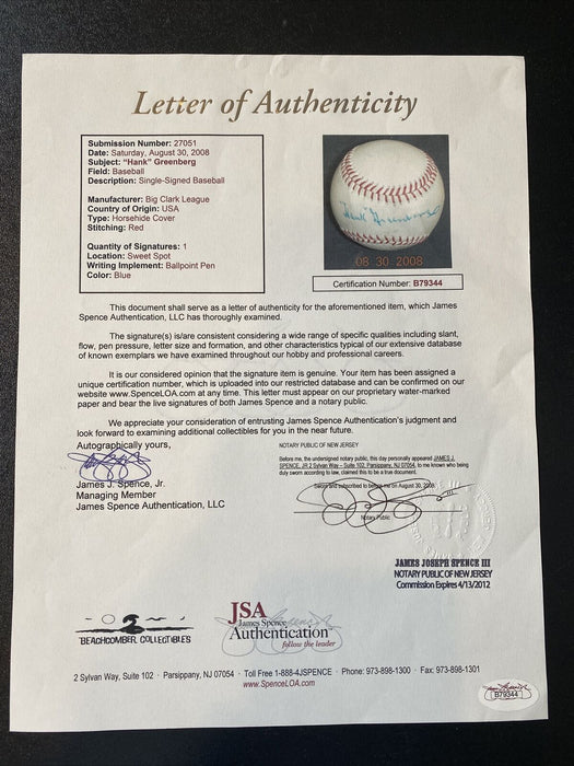 Stunning Hank Greenberg Single Signed Vintage 1940's Baseball PSA DNA & JSA COA