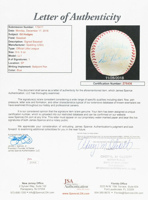 Gil Hodges Single Signed Autographed Baseball JSA COA