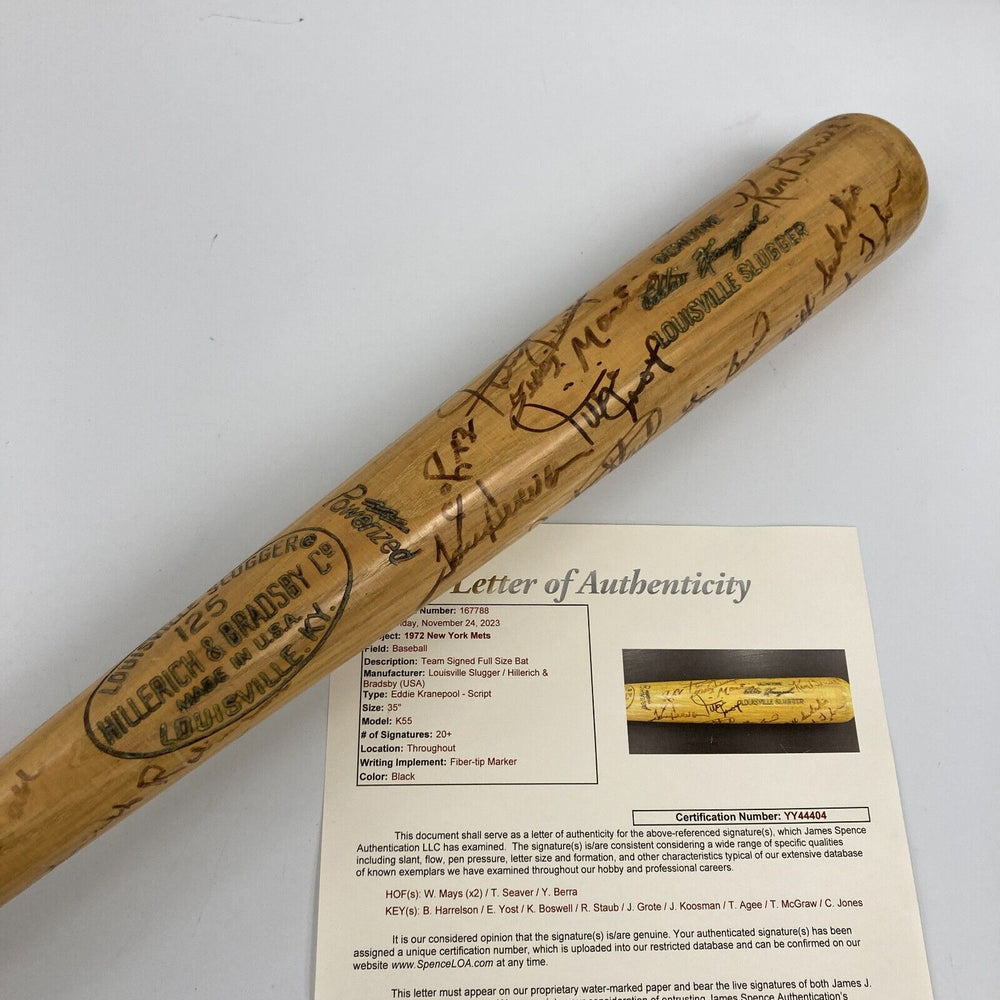 1972 New York Mets Team Signed Game Issued Bat Willie Mays Tom Seaver JSA COA