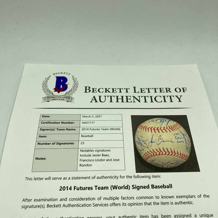 Francisco Lindor Rookie 2014 Futures Game Team World Signed Baseball Beckett COA