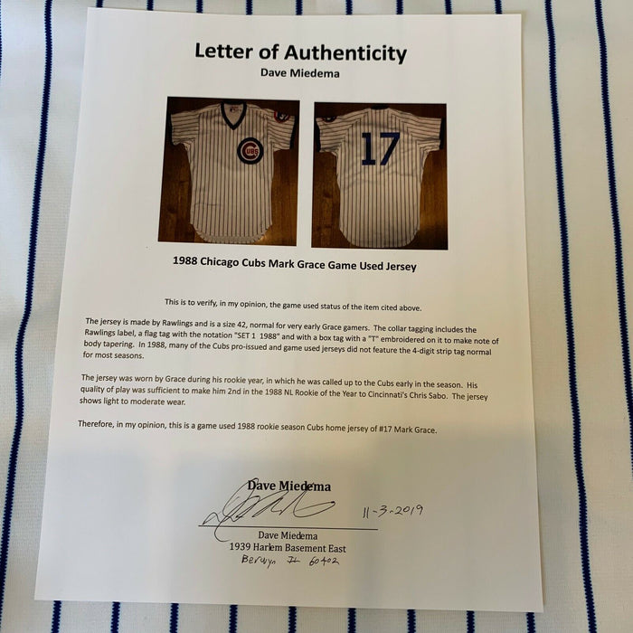 1988 Mark Grace Rookie Game Used Chicago Cubs Jersey With Dave Miedema COA RARE