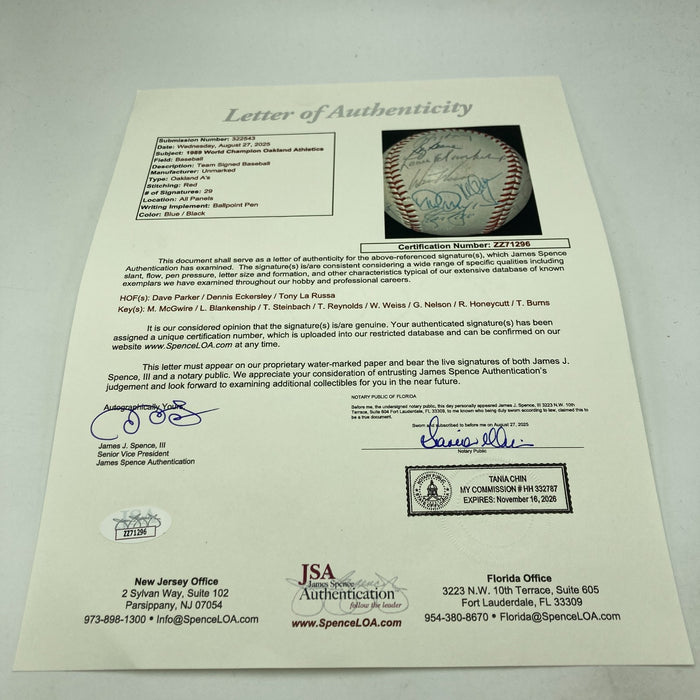 1989 Oakland A’s World Series Champs Team Signed Baseball 29 Sigs JSA COA