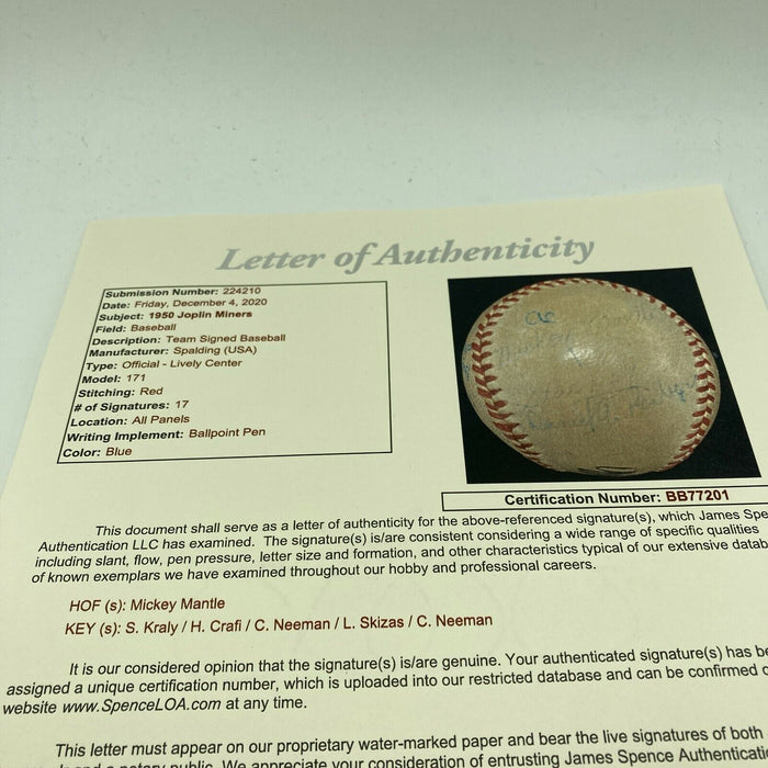 Mickey Mantle Pre Rookie 1950 Joplin Miners Signed Minor League Baseball JSA COA