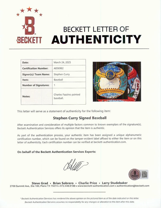 Stephen Curry Signed Charles Fazzino Hand Painted Pop Art Baseball Fanatics BAS