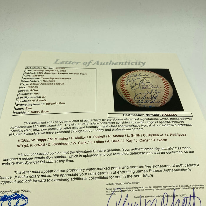 1994 All Star Game Team Signed Baseball Cal Ripken Jr. Kirby Puckett JSA COA