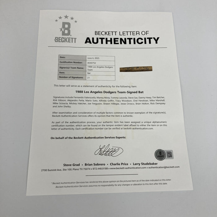 1988 Los Angeles Dodgers World Series Champs Team Signed Game Used Bat Beckett