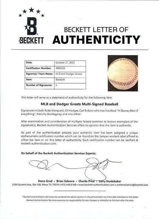 Gil Hodges Rube Marquard Brooklyn Dodgers Legends Signed Baseball Beckett COA