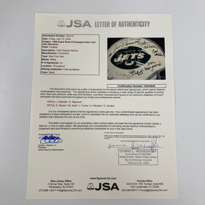 1969 New York Jets Super Bowl Champs Team Signed Authentic Game Helmet JSA COA