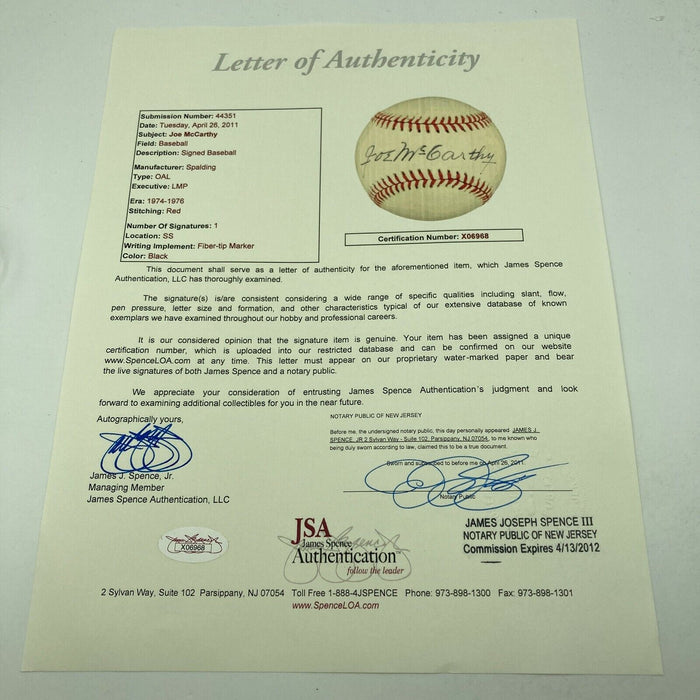 Stunning Joe Mccarthy Single Signed American League Baseball With JSA COA