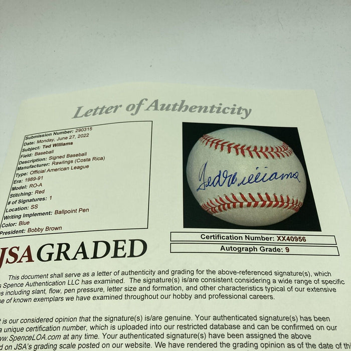 Stunning Ted Williams Single Signed American League Baseball JSA Graded MINT 9