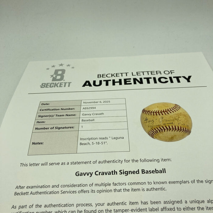 Gavvy Cravath Single Signed Official National League Baseball Beckett COA RARE