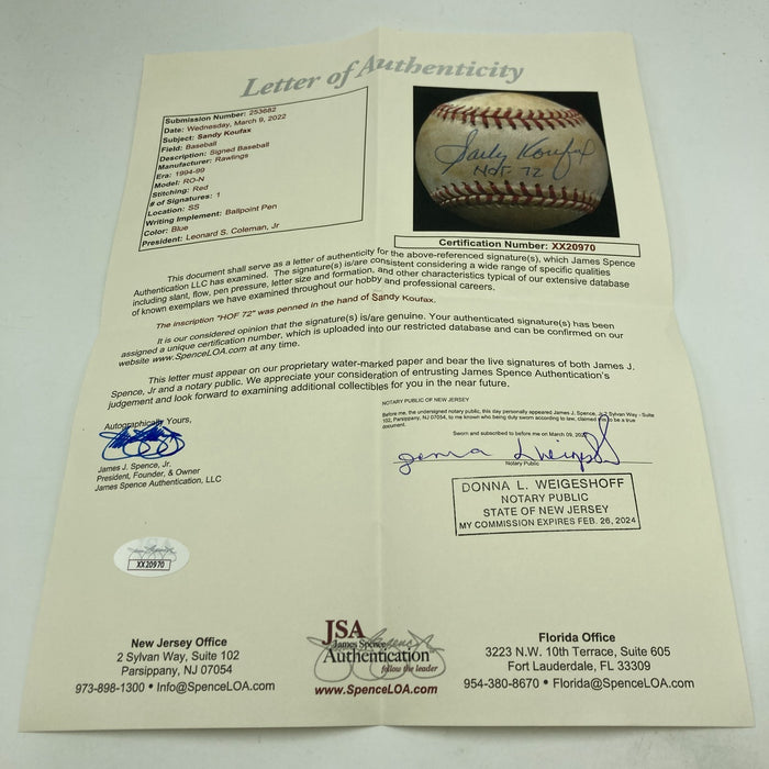 Sandy Koufax Hall Of Fame 1972 Signed National League Baseball JSA COA