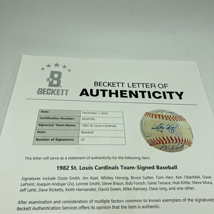 1982 St. Louis Cardinals World Series Champs Team Signed Baseball Beckett COA