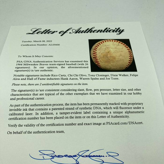1964 Milwaukee Braves Team Signed National League Baseball PSA DNA COA