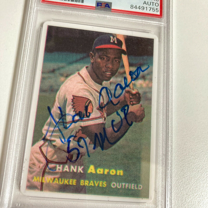 1957 Topps Hank Aaron "MVP" Signed Porcelain Baseball Card PSA DNA