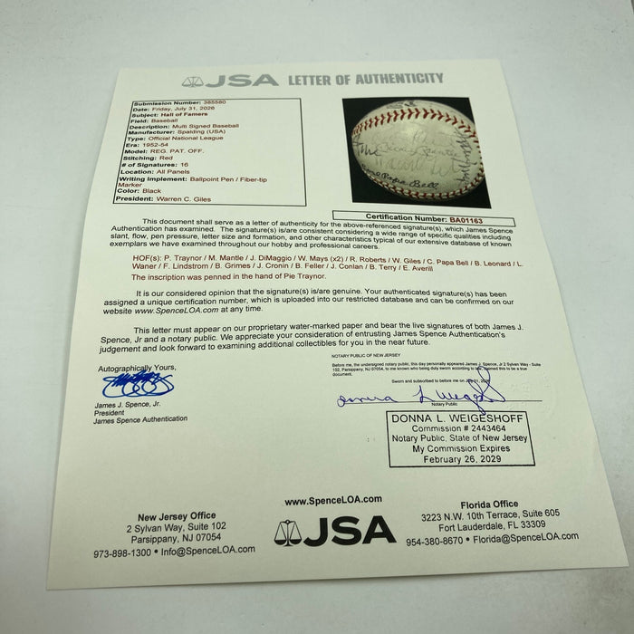 Mickey Mantle Joe DiMaggio Pie Traynor Hall Of Fame Multi Signed Baseball JSA