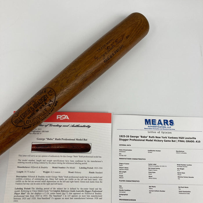 The Finest Babe Ruth 1925-1926 Game Used Bat PSA 9 & MEARS 10 COA