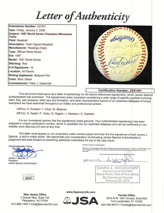 1987 Minnesota Twins World Series Champs Team Signed W.S. Baseball JSA COA