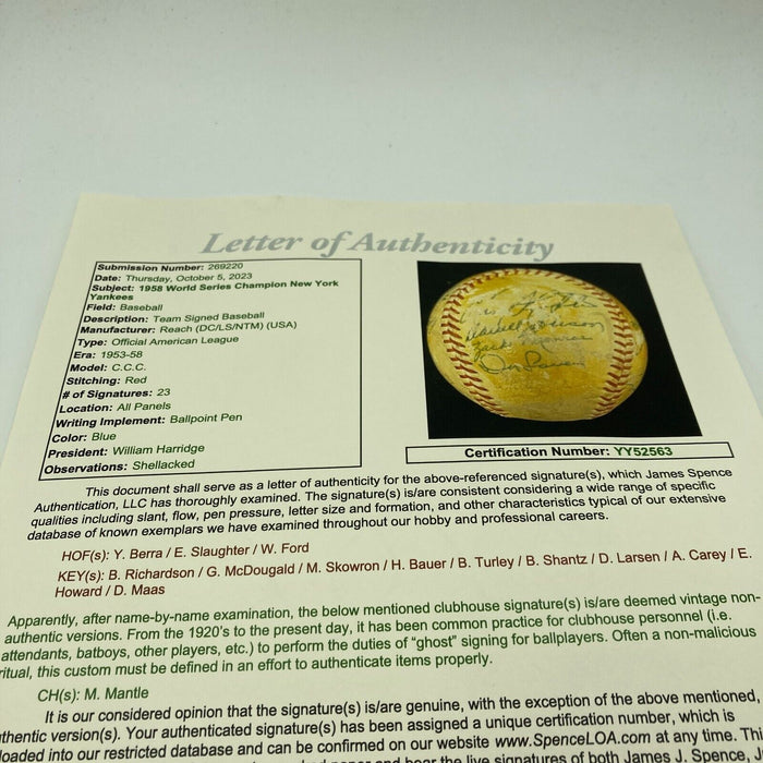 1958 New York Yankees World Series Champs Team Signed Baseball JSA COA