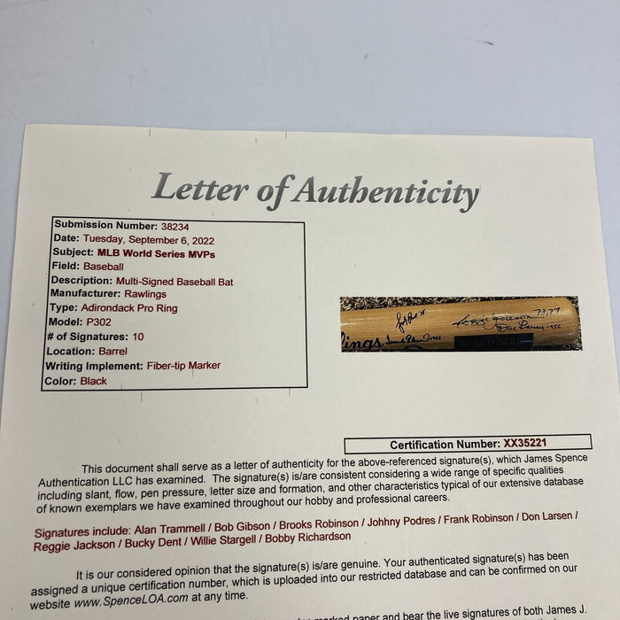 World Series MVP's Multi Signed Bat 10 Sigs Bob Gibson Willie Stargell JSA COA