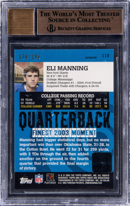 2004 Topps Finest Refractor #110 Eli Manning Auto RC BGS 10 PRISTINE Pop 4