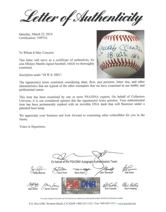 Mickey Mantle "18 World Series Home Runs" Signed Inscribed Baseball PSA DNA RARE