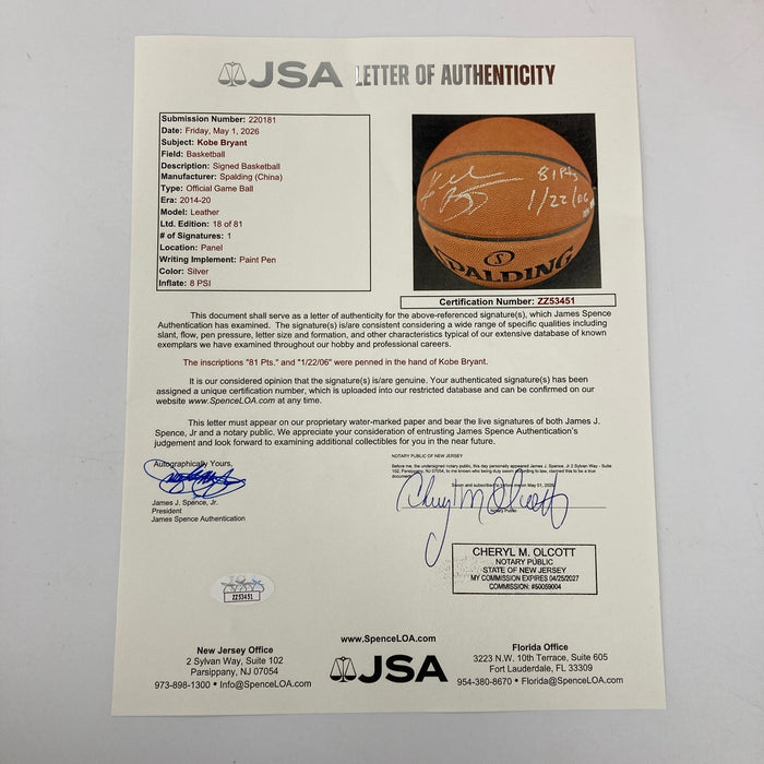 Kobe Bryant 81 Points 1/22/2006 Signed Inscribed NBA Game Basketball Panini JSA