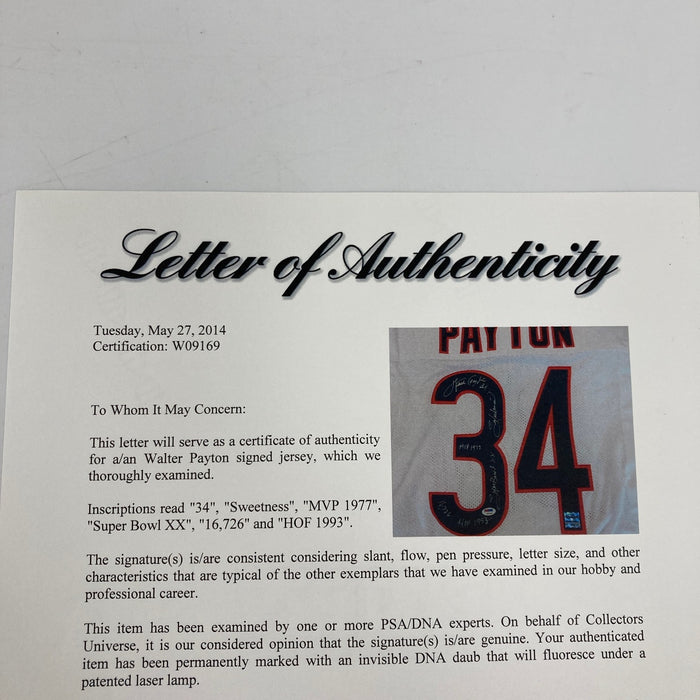 Walter Payton Signed Heavily Inscribed STATS Chicago Bears Jersey PSA DNA COA