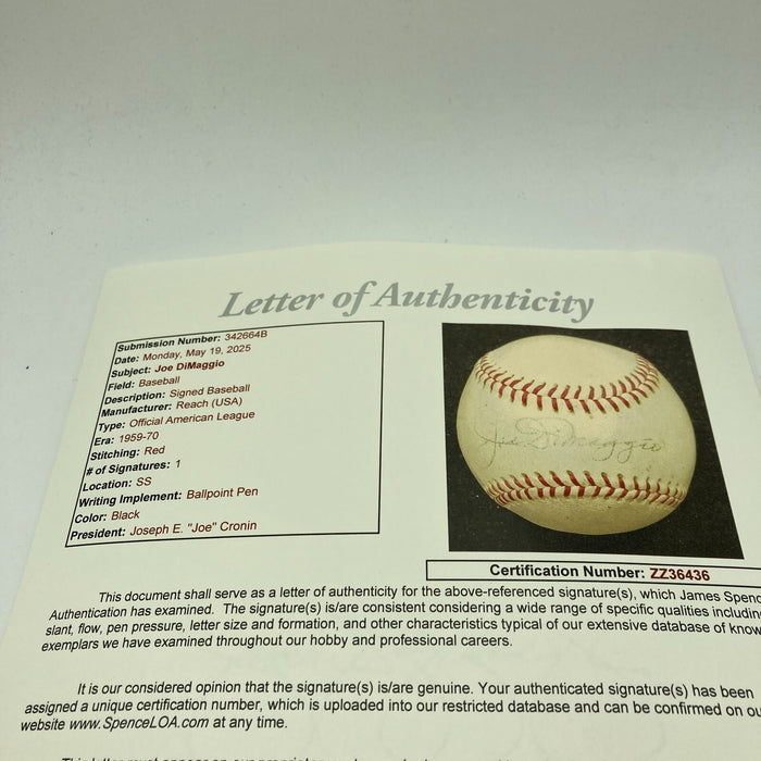 Joe Dimaggio Signed Vintage 1959 American League Cronin Baseball JSA COA