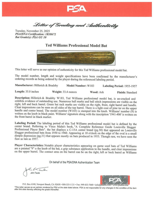 The Finest 1955 Ted Williams Game Used Signed Louisville Slugger Bat PSA DNA 10