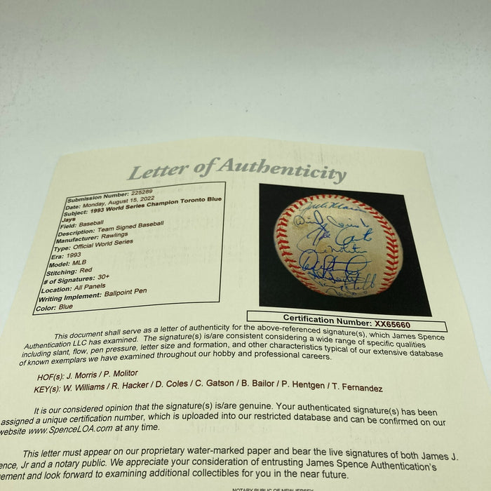 1993 Toronto Blue Jays World Series Champs Team Signed W.S. Baseball JSA COA