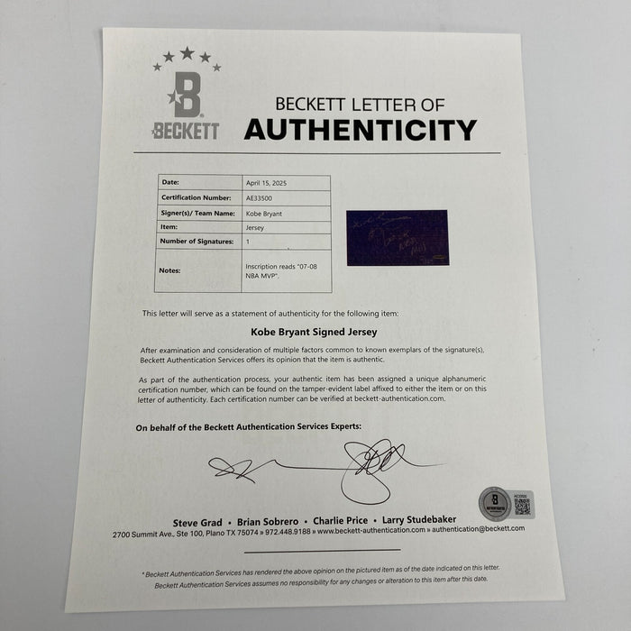 Kobe Bryant 2007-08 NBA MVP Signed Pro Cut Los Angeles Lakers Jersey UDA & BAS
