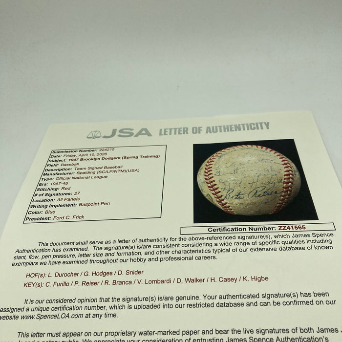 1947 Brooklyn Dodgers NL Champs Team Signed Baseball JSA COA