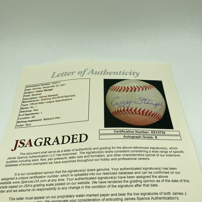 Beautiful Casey Stengel Single Signed Baseball JSA Graded Near Mint 8