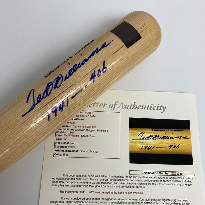 Beautiful Ted Williams "1941-.406" Signed Game Model Baseball Bat MINT JSA COA