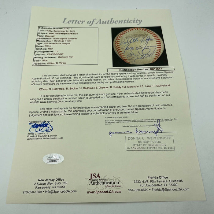 1990 Philadelphia Phillies Team Signed National League Baseball With JSA COA