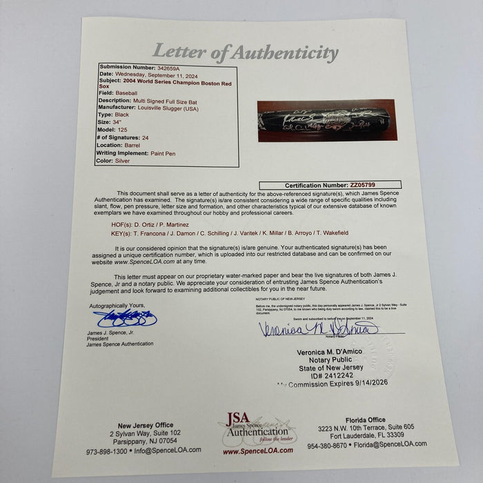 2004 Boston Red Sox World Series Champs Team Signed Baseball Bat Steiner 1/1 JSA