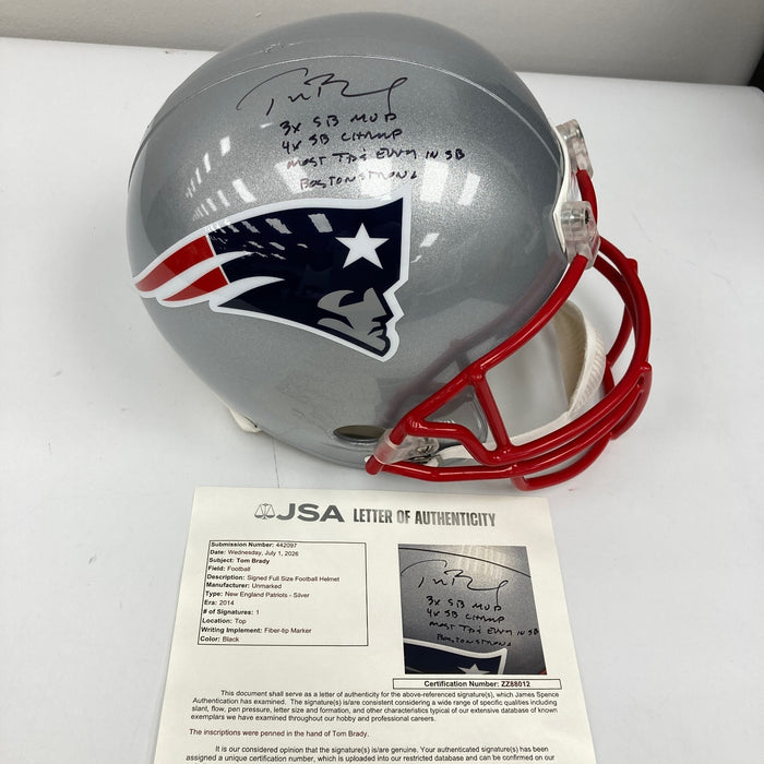 Tom Brady Super Bowl MVP Signed Inscribed New England Patriots Helmet JSA COA