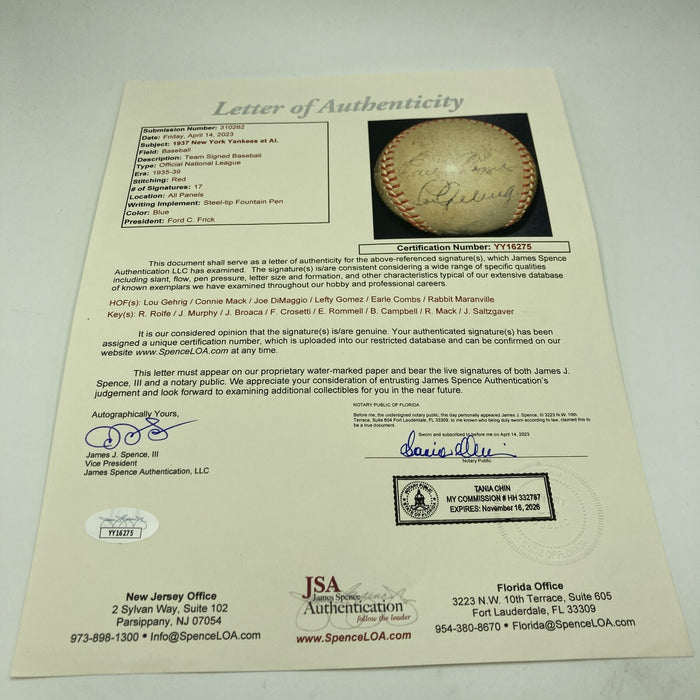 1937 New York Yankees World Series Champs Team Signed Baseball Lou Gehrig JSA