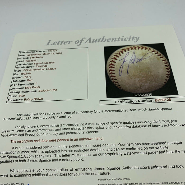 Lee Smith Signed Final Pitch Of Save #410 Game Used Baseball JSA COA & LOP