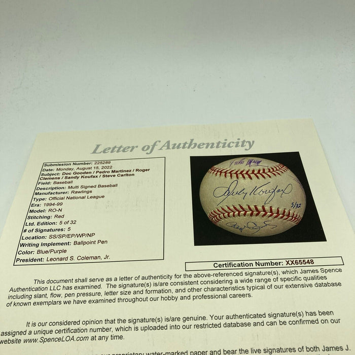 Sandy Koufax Pedro Martinez Roger Clemens Steve Carlton Signed Baseball JSA COA