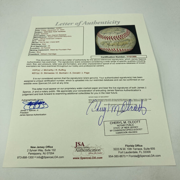 1945 New York Yankees Team Signed American League Harridge Baseball JSA COA